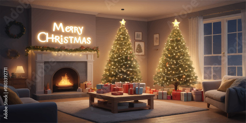 Warm Christmas living room decorated with glowing trees, festive lights, and beautifully wrapped gifts.