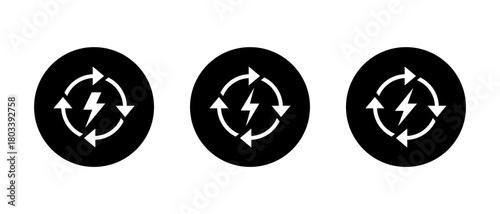 Energy recharge icon in black circle. Power cycle symbol with lightning bolt