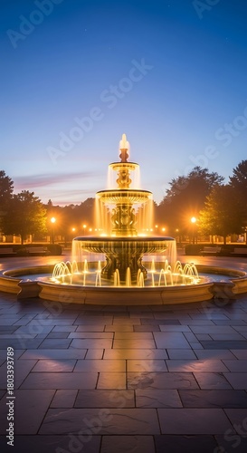 Historic Forsyth Park Fountain Illuminated at Dusk in Savannah Georgia.