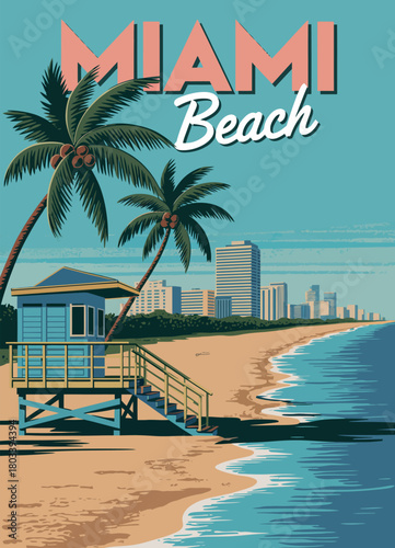 Miami beach retro poster city skyline lifeguard house coastline surf waves vector illustration