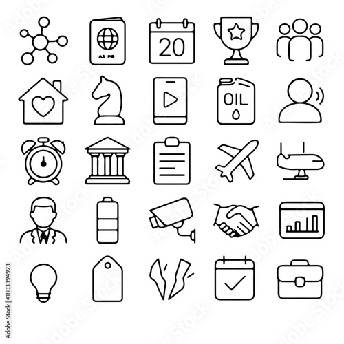 A collection of various outline style icons, each representing a distinct concept or idea. They are neatly arranged to facilitate easy identification