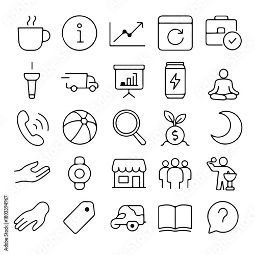 Diverse array of line art icons including a coffee cup, informational symbol, graph, calendar, briefcase, flashlight, truck, presentation, energy drink, meditation pose, phone, beach ball.