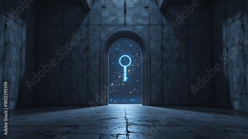 Light keyhole Door Stars in Dark Concrete Room. Starry Gate Key Hole, Creative concept idea, Surreal door and Business concept, Key door Freedom. Nobody, scenic 4k Video