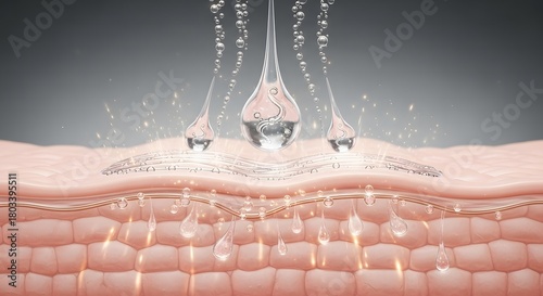 Close up of skin layers with serum droplets penetrating the epidermis