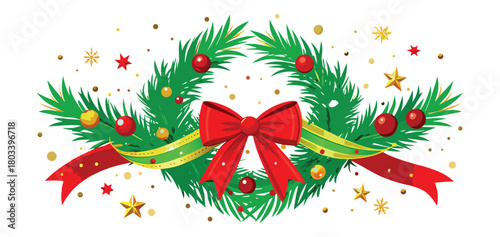 Circular Christmas wreath with ornaments, stars, and a red bow decoration. 