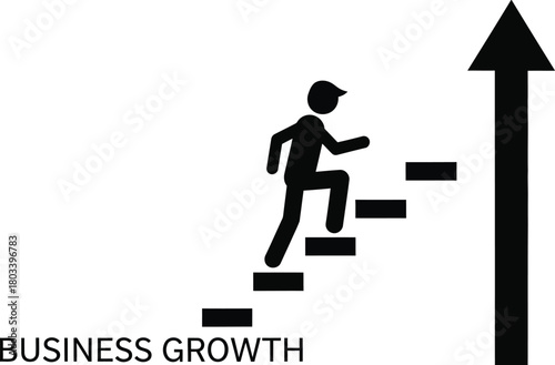 Stick figure climbing stairs to success, symbolizing business growth and career advancement, isolated on white background