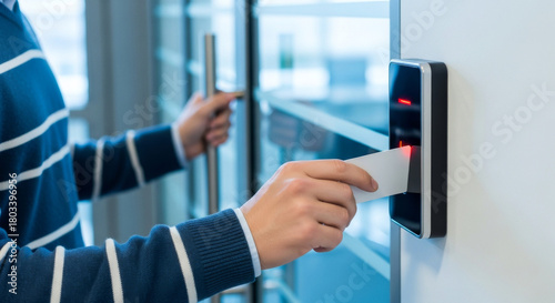Man wearing a blue sweater holding a security card in front of a card reader on a white wall, granting access to a glass door in an office building.