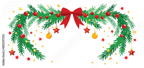 Holiday garland with Christmas ornaments, bow, and star decoration background art. 