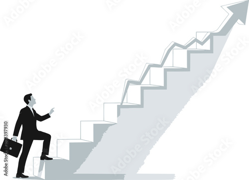 Businessman with briefcase climbing stairs towards success, symbolizing career growth and achievement, isolated on white background
