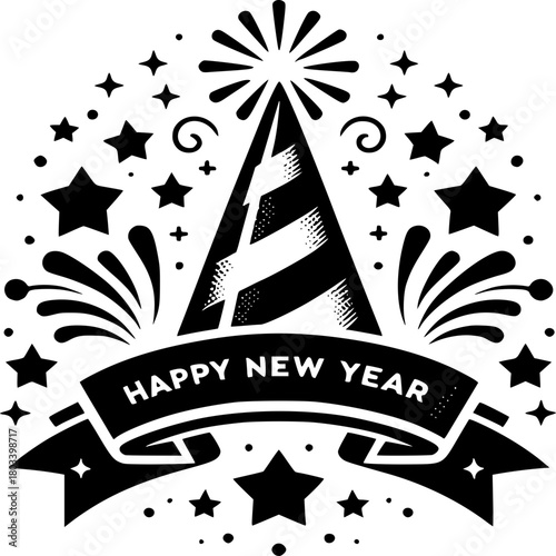New Year's Celebration Icon: A celebratory icon featuring a party hat, fireworks, and stars, perfect for new year festivities. 