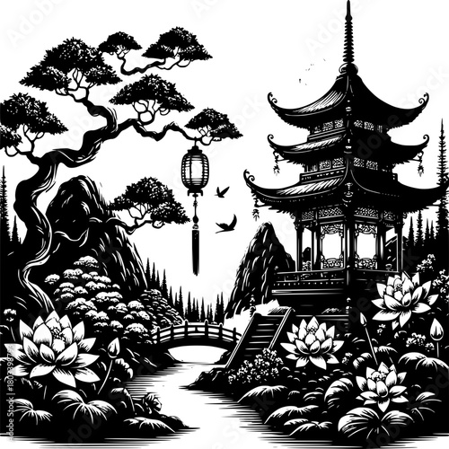 Serene Garden Pagoda: A peaceful vista of an oriental pagoda nestled amidst lush flora, framed by a delicate stone bridge, evoking tranquility and cultural richness.