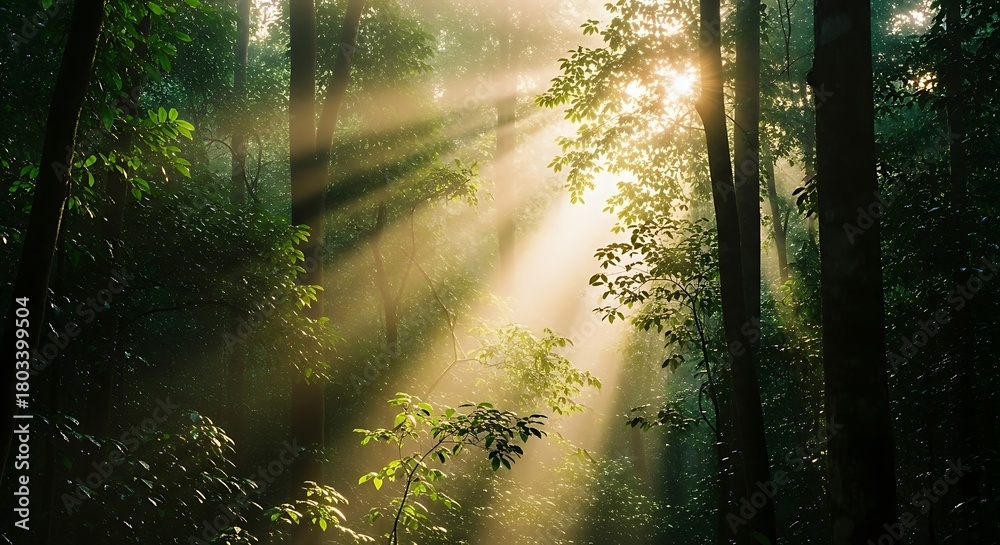 Obraz premium Sunlight streaming through a lush green forest canopy.