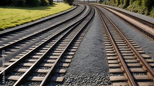 A high-angle depiction of railway tracks showcases the wooden sleepers and stony ballast bed.