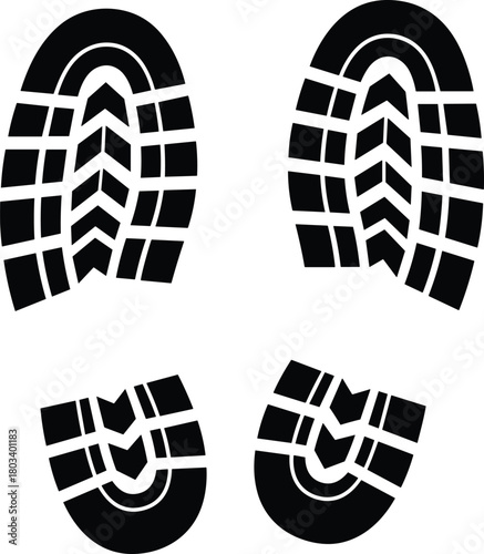 Boot and Shoe Footprint Illustration Showing Tread Pattern, Outdoor Tracks, and Imprint Marks in Black and White Design