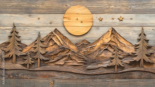 Wood carving of a mountain landscape with trees and moon for decoration