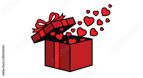 Open red gift box with lovely hearts for celebrations and greetings