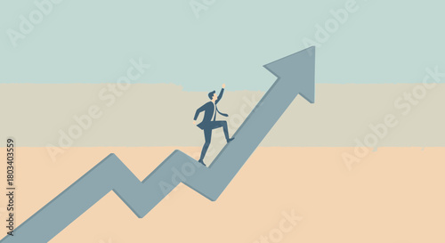 Businessman in a suit climbing a large upward-pointing arrow, symbolizing career growth and success.