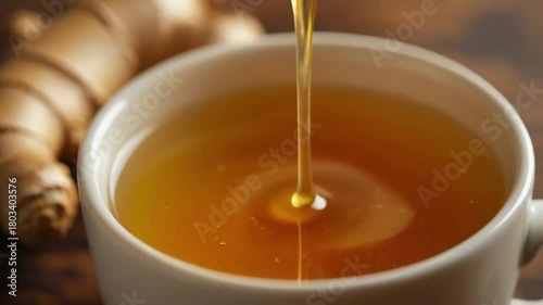 Macro shot of honey dripping slowly into a cup of ginger infusion, rich golden tones and shallow depth of field