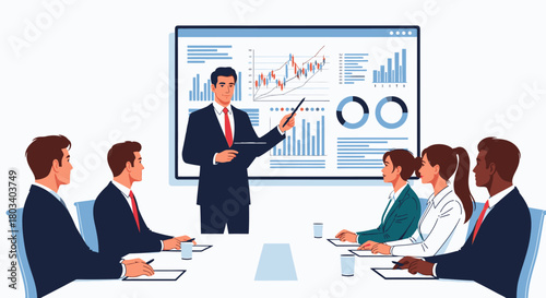 A business presentation with a man pointing at a financial chart on a screen to a group of attentive colleagues.