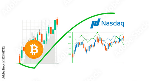 Conceptual illustration comparing the bullish growth chart of Bitcoin cryptocurrency against the volatile stock market index.