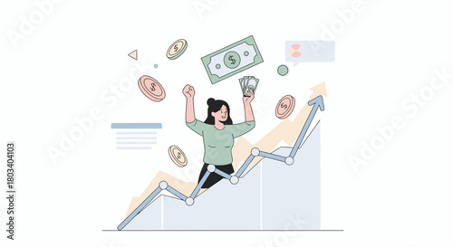 A woman celebrates financial success with money and coins flying around her as a graph shows upward growth.