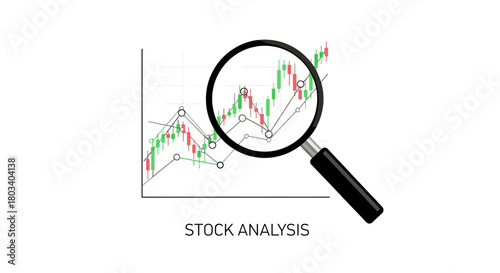 Stock analysis concept with a magnifying glass examining a financial candlestick chart showing an upward trend.