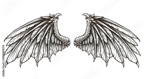 Wallpaper Mural Hand-Drawn Dragon Wings Illustration – Detailed Black and White Fantasy Wing Sketch with Bone Structure, Mythical Creature Art for Tattoo, Design, and Coloring Torontodigital.ca