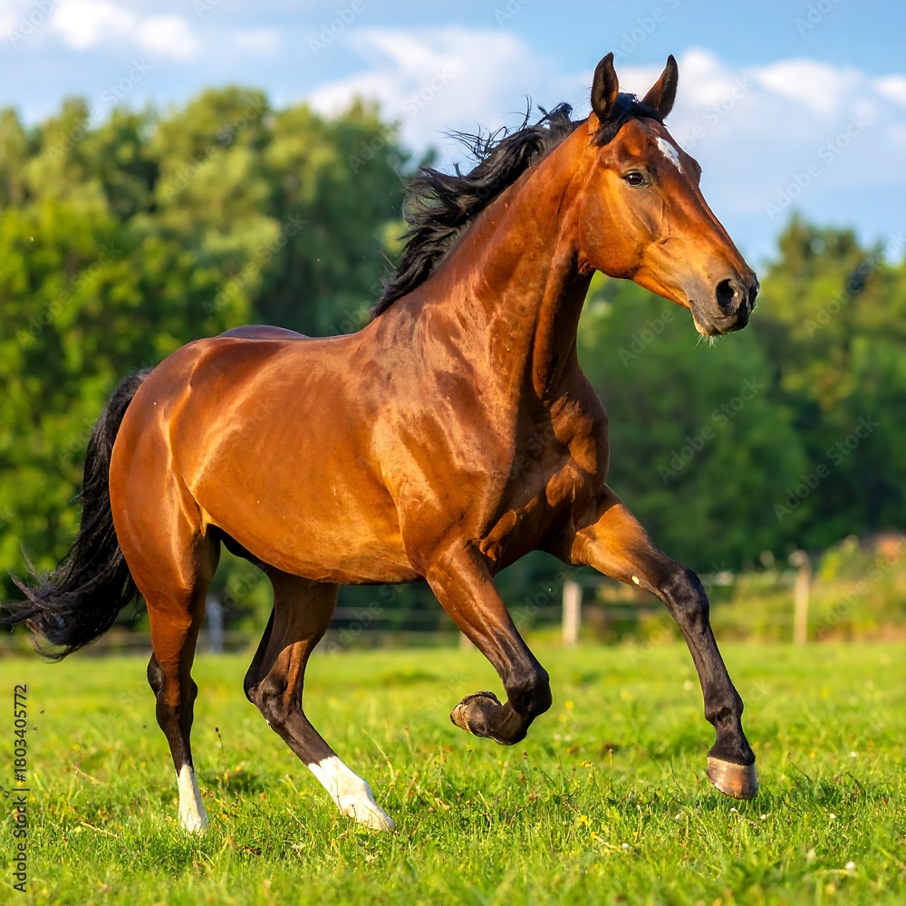 Obraz premium A majestic brown horse gallops through a verdant meadow bathed in sunlight. The animal has a sleek coat and flowing mane and tail