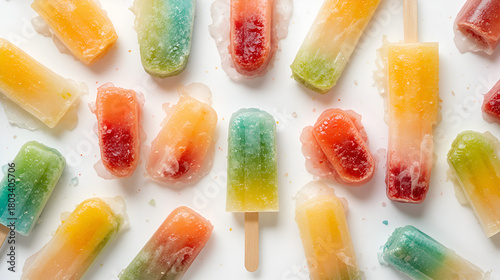 top down view of colorful popsicles evenly distributed in white background