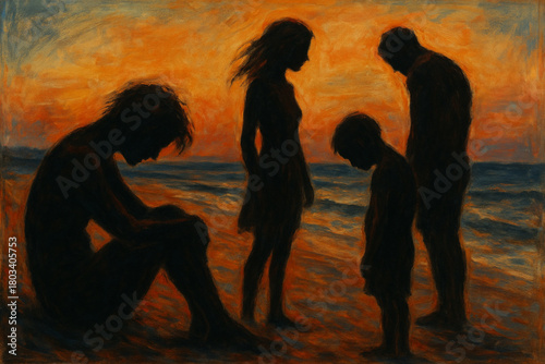 Painting of six human silhouettes on a beach at sunset with dramatic light and warm tones.