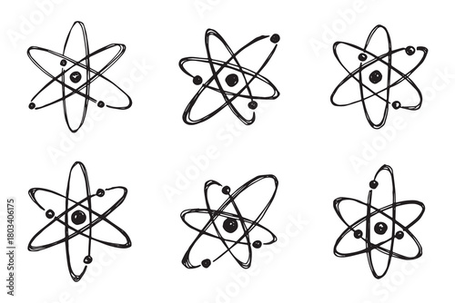 Set of hand drawn atom sign Molecule clipart in doodle style Symbol of science, education, nuclear energy, scientific research, molecular chemistry Single element for print, web, design