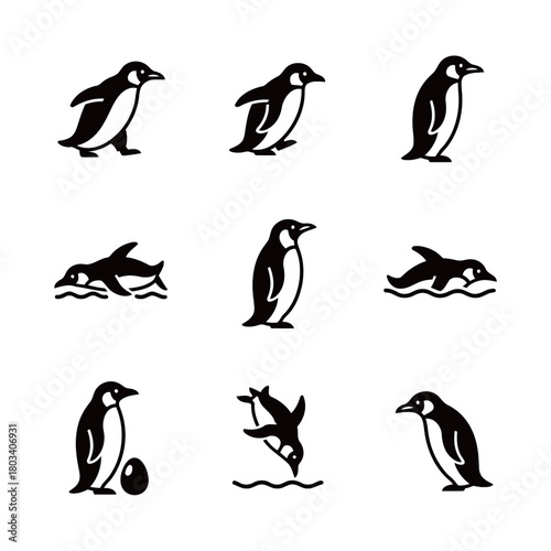 Diverse Penguin Icons Set: Walking, Swimming, Diving, and Egg Silhouette Collection