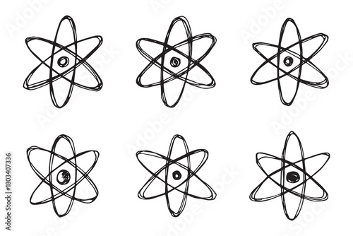Set of hand drawn atom sign Molecule clipart in doodle style Symbol of science, education, nuclear energy, scientific research, molecular chemistry Single element for print, web, design