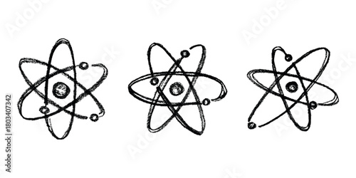 Set of hand drawn atom sign Molecule clipart in doodle style Symbol of science, education, nuclear energy, scientific research, molecular chemistry Single element for print, web, design