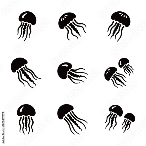 Silhouette Jellyfish Vector Icon Set Swimming in Ocean Water