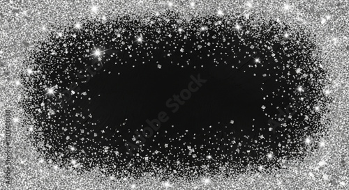 Sparkling dark background with a bright silver glitter and confetti border forming an irregular frame around a black center space. Perfect for invitations or New Year's greetings.