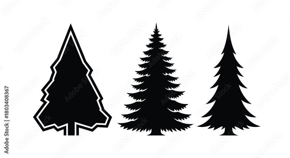 Obraz premium Three evergreen trees stand tall in a striking black silhouette style