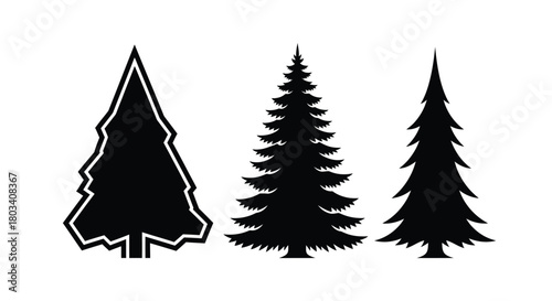 Three evergreen trees stand tall in a striking black silhouette style