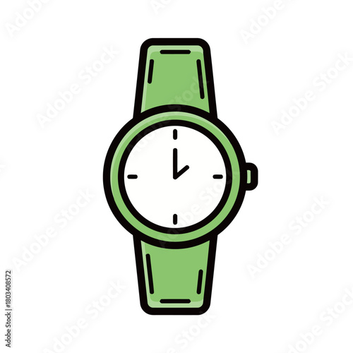 Simple Analog Wristwatch with Green Band and White Face, Cute Cartoon Vector Illustration in a Hand-Drawn Doodle Style for Timekeeping, Punctuality, and Accessory Concepts
