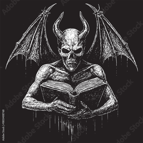 demon with wings horror skull evil vector grunge reading book