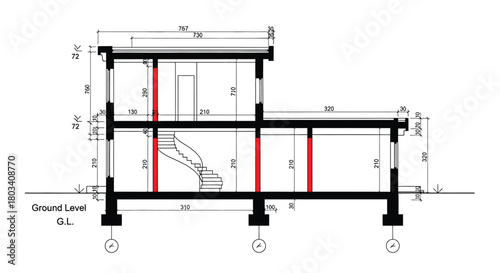 Detailed architectural plan presents building cross section view