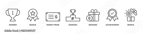 The Power of Recognition and Reward Icons set vector illustration outline with Winner, Badge, Money prize, Ranking, Reward, Achievement, Bonus
