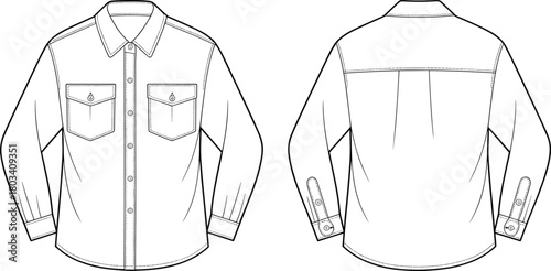 Long sleeve shirt technical sketch, front and back view, button-up design, chest pockets, fashion flat drawing, garment template, apparel illustration, clothing design, production blueprint