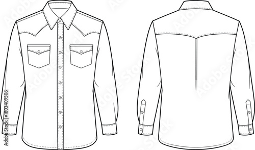 Long sleeve shirt technical sketch, front and back view, button-up design, fashion flat, garment construction, apparel template, collar, yoke, cuffs, pockets, placket
