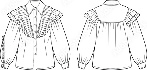 Women's blouse fashion sketch, technical flat drawing, ruffle yoke detail, gathered sleeve cuff, button front shirt, garment design, apparel template, sewing pattern illustration