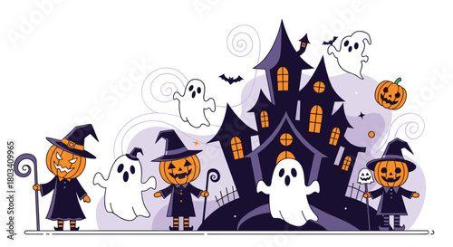 Spooky castle and trick or treaters celebrate halloween with ghosts and pumpkins.