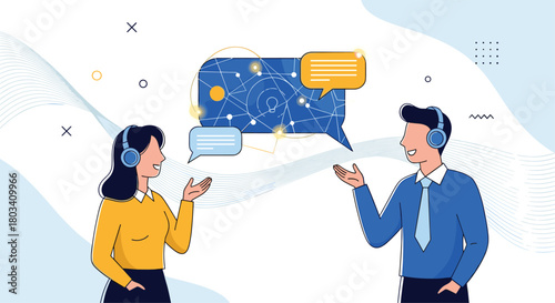 Two people wearing headsets communicating through speech bubbles in a digital network with abstract design elements.