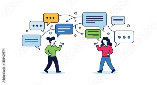Two people communicating with speech bubbles showing different messages and ideas exchanged between them.