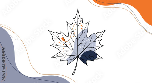 The beautiful autumnal maple leaf symbolizes the changing seasons with its intricate details and warm color palette of orange grey and navy blue.