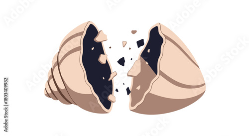 A cracked open seashell reveals its dark interior scattering fragments outwards.